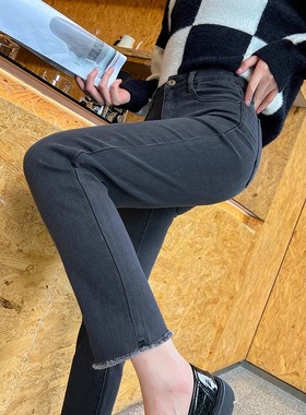 烟灰色直筒牛仔裤女春秋季2025年新款高腰显瘦小个子九分烟管裤子