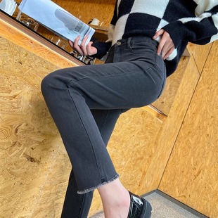 烟灰色直筒牛仔裤女春秋季2025年新款高腰显瘦小个子九分烟管裤子