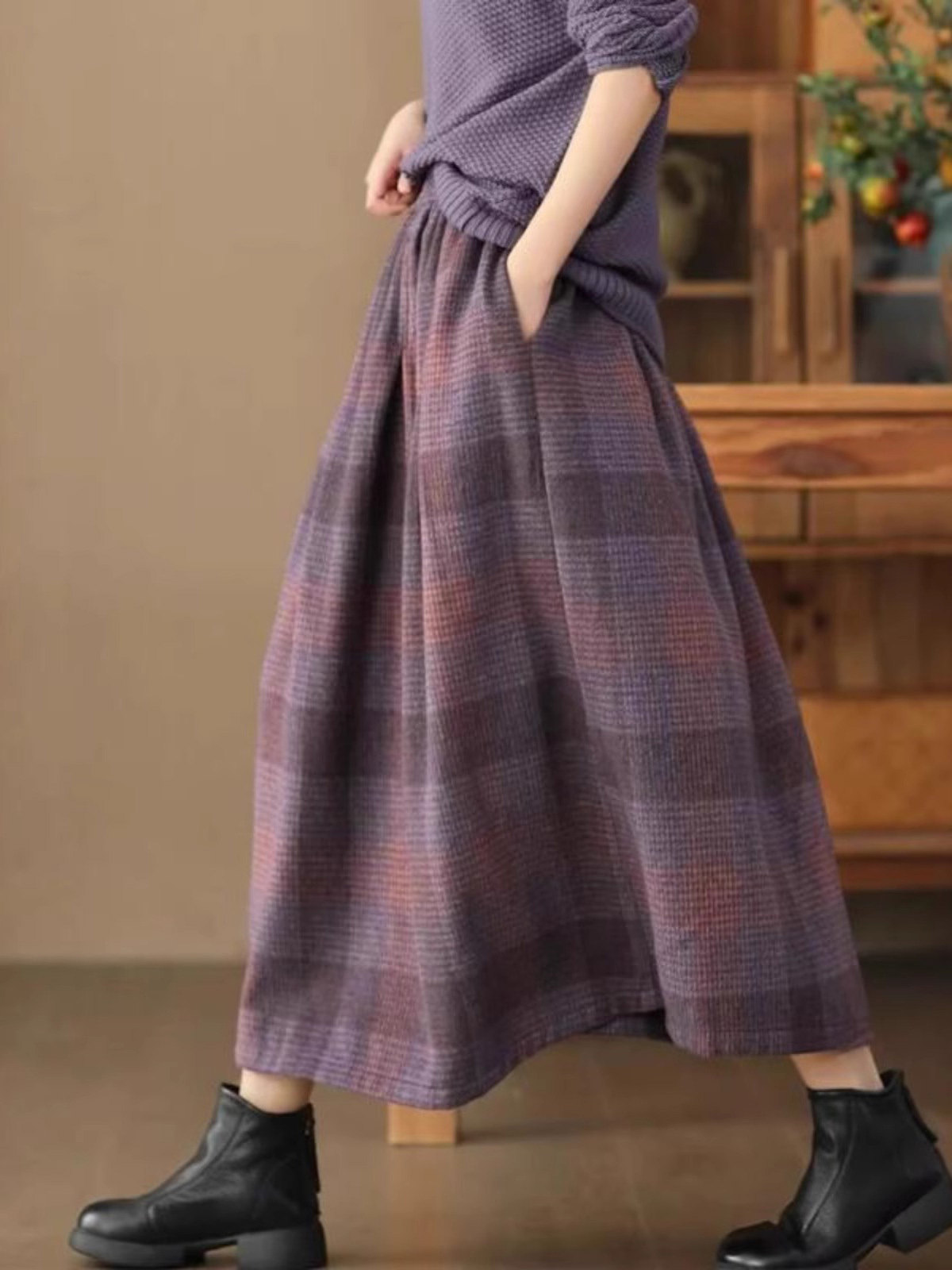毛呢格子半身裙女秋冬2025新款高腰a字显瘦中长款小个子大摆伞裙