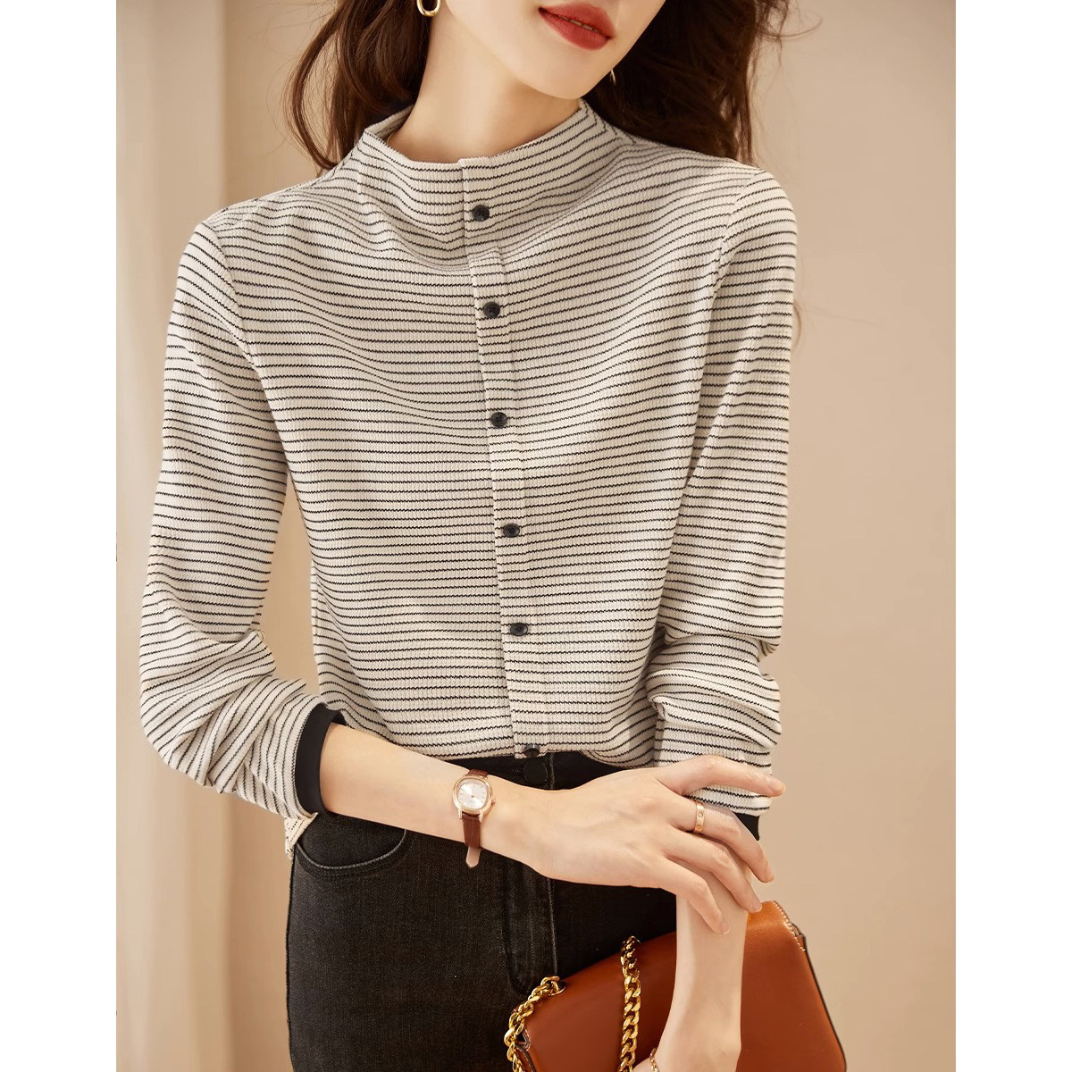 条纹长袖衬衫女春秋2025新款高级设计感小众衬衣半高领打底衫上衣