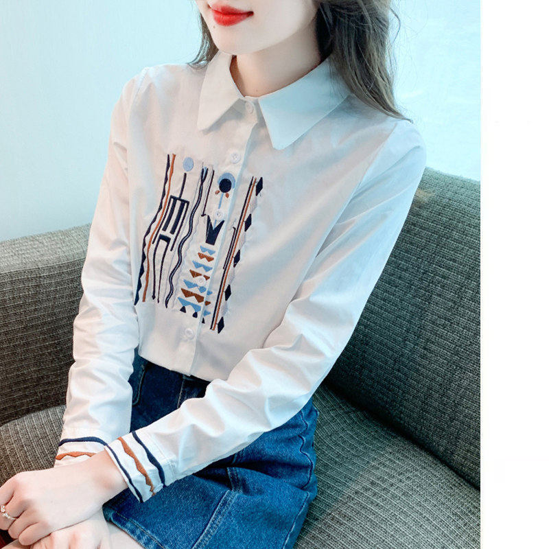 白色纯棉衬衫女长袖春秋2025新款宽松设计感小众休闲刺绣衬衣上衣