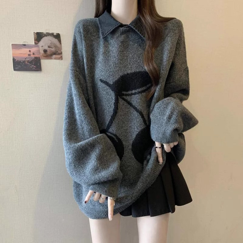 毛衣女秋冬加厚2025新款宽松大尺码慵懒风牛仔拼接polo领针织衫上