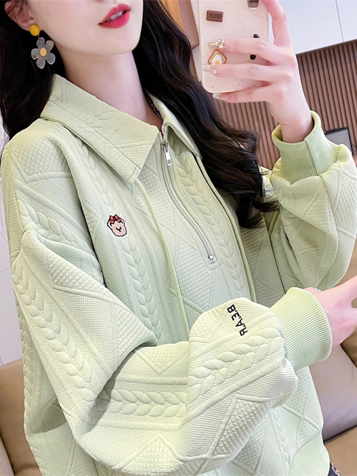 polo领卫衣女春秋薄款2025新款宽松大码慵懒风时尚洋气半拉炼外套