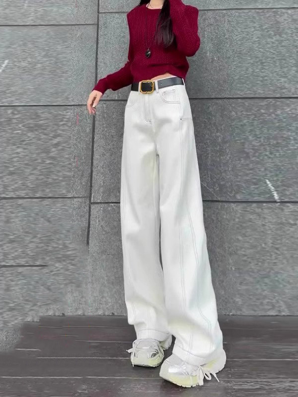 白色牛仔裤女秋冬2025年新款高腰垂感窄版直筒小个子拖地阔腿裤子