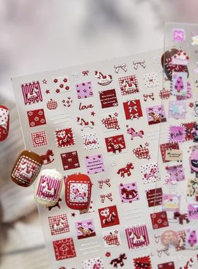 新款无痕红色小马赤马浮雕美甲贴纸甜美diy指甲贴超薄美甲装饰