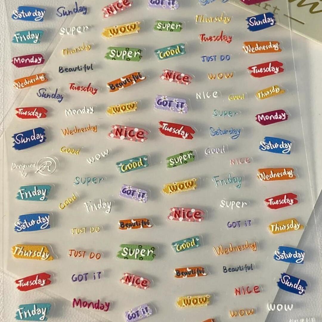 多巴胺彩色字母浮雕美甲贴纸ins百搭简约立体指甲装饰品背胶防水