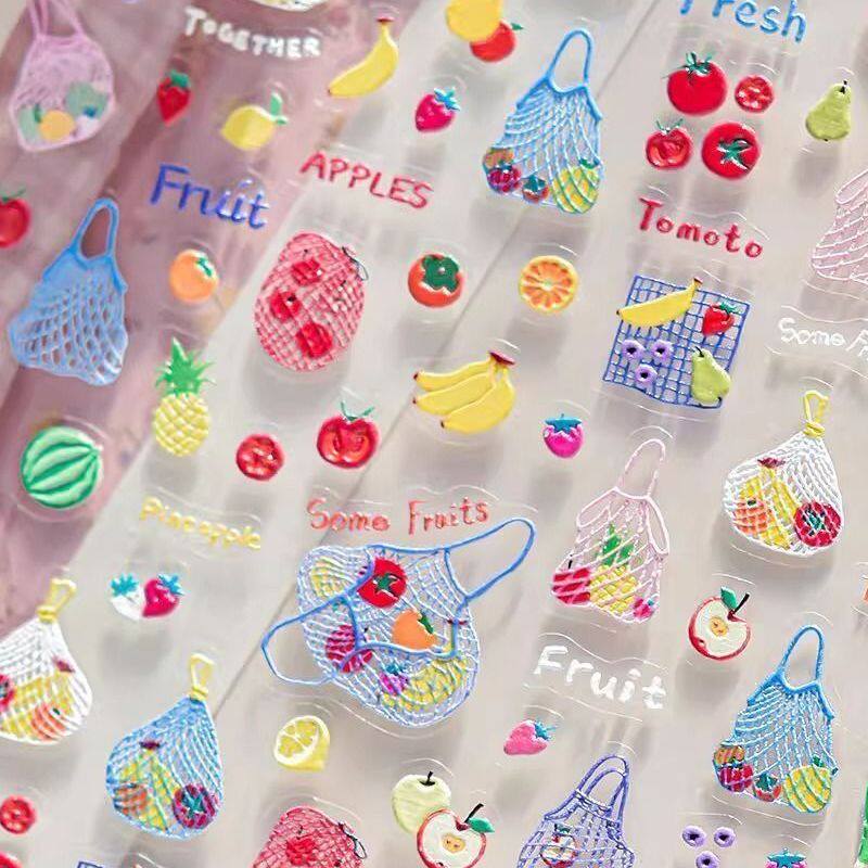 小红书同款夏日海滩浮雕美甲贴纸防水背胶网袋水果DIY指甲装饰贴