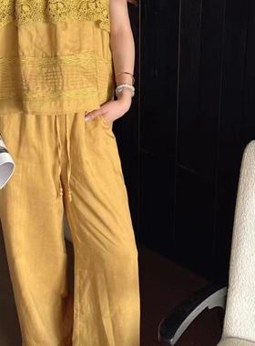 欧洲站2025夏v+.com荷叶边镂空上衣+阔腿裤天丝亚麻两件套女69050