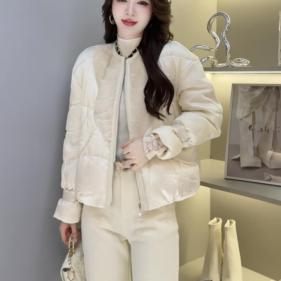 拼水貂毛羽绒服Dong.one保暖圆领