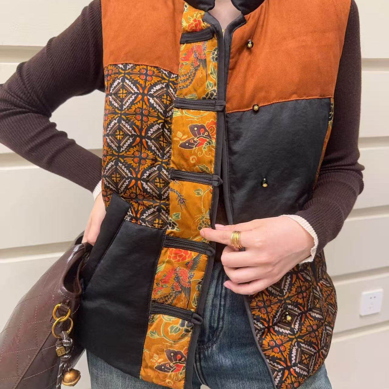 特价 福利 DT.Dong复古拼立领羽绒马甲撞色印花无袖外套中式盘扣