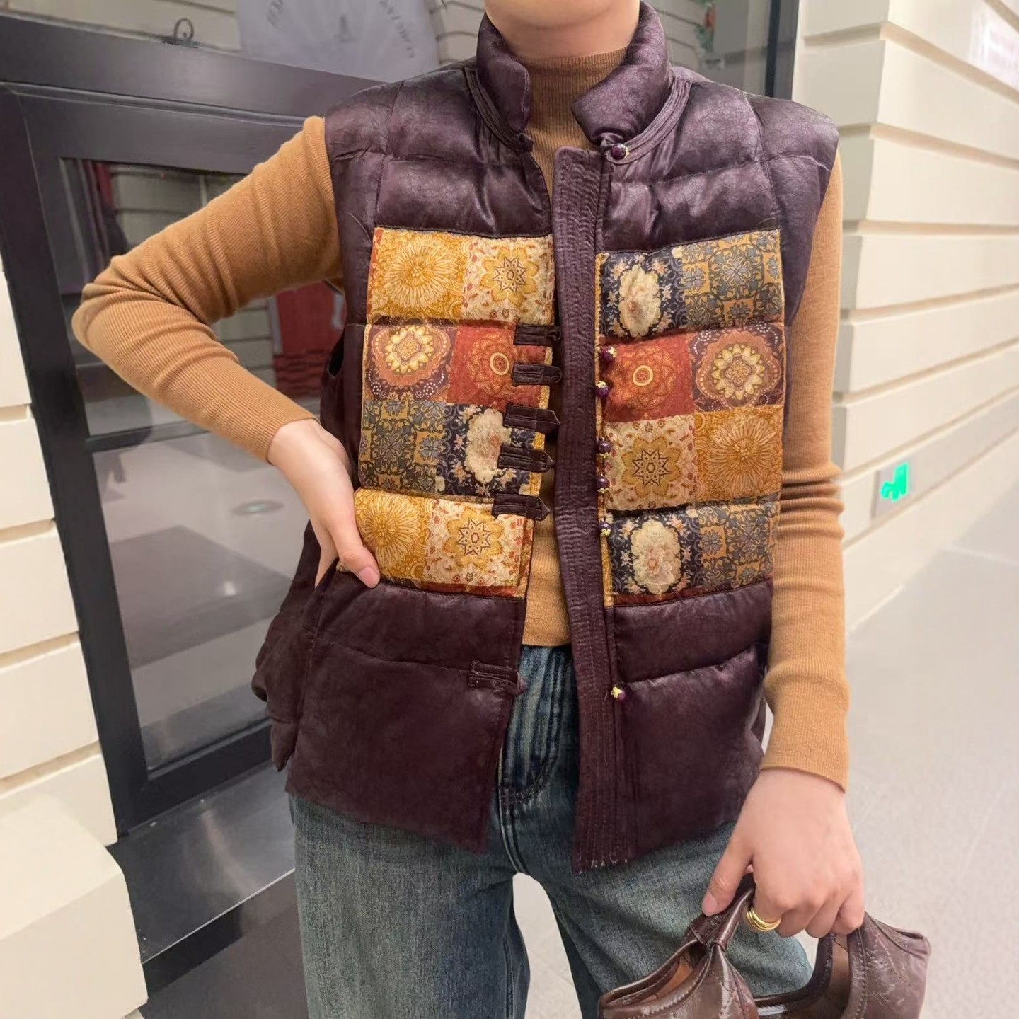 特价 福利 DT.Dong欧洲站国风盘扣立领拼色印花羽绒马甲短款显瘦