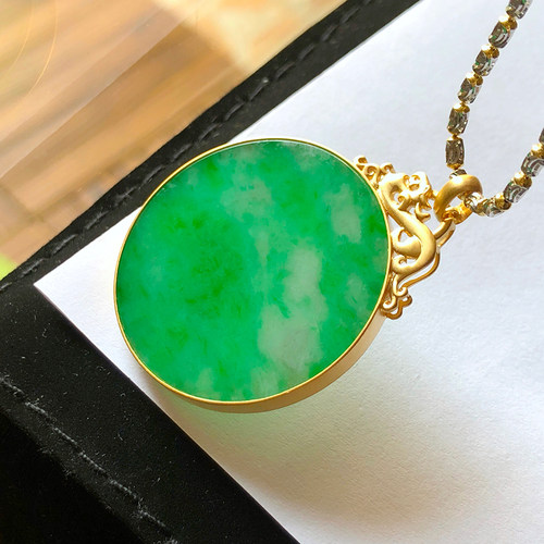 平安扣阳绿辣绿圆形18K金翡翠玉