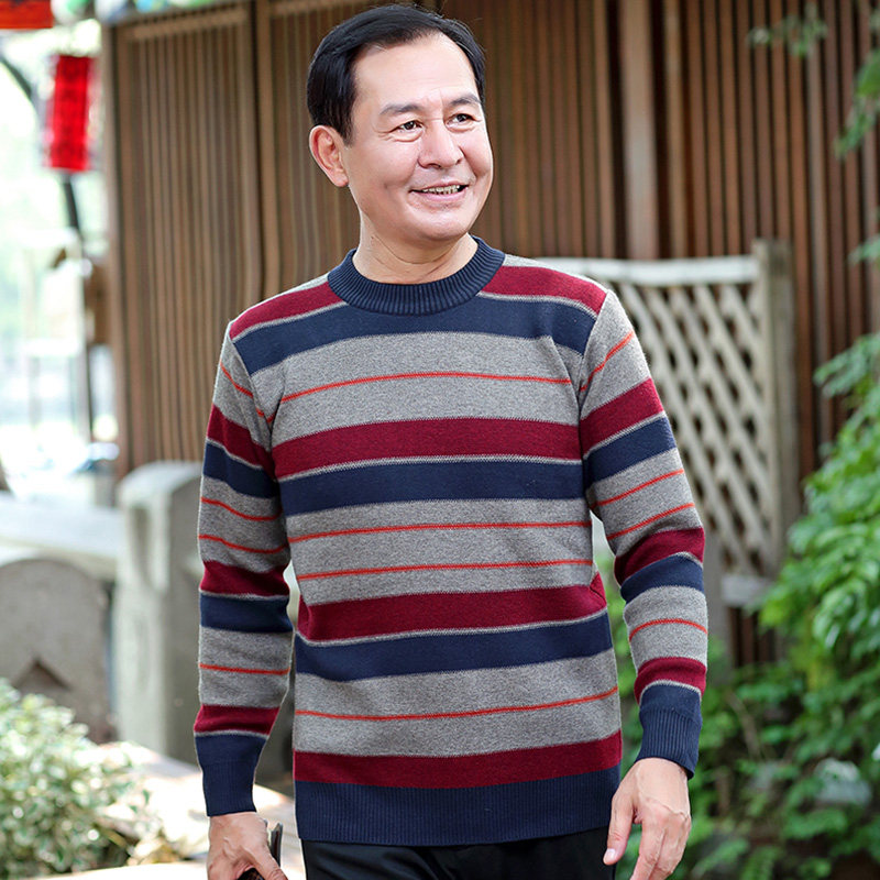 冬季中老年爸爸装男士红色保暖毛衣中年老人爷爷保暖加厚毛衫上装