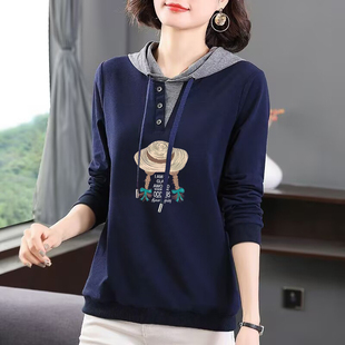 外贸出口品牌清仓100%纯棉秋季 连帽T恤女气质休闲打底上衣潮 长袖