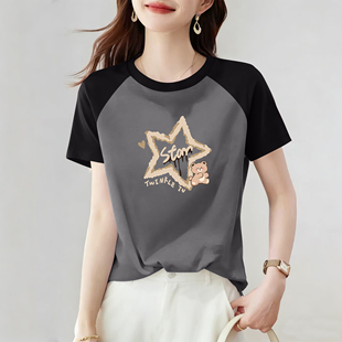 新款 女夏季 气质休闲宽松上衣 拼接t恤衫 外贸出口100%纯棉减龄时尚