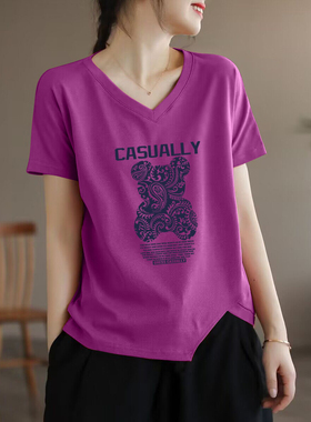 外贸出口清仓100%纯棉短袖V领上衣简约体恤夏装洋气显瘦时尚t恤女