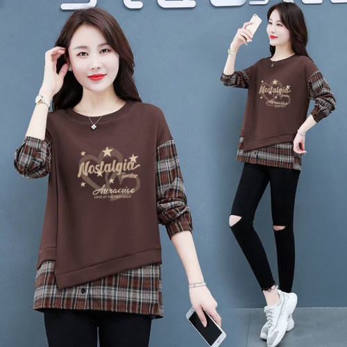 纯棉气质格子拼接长袖上衣