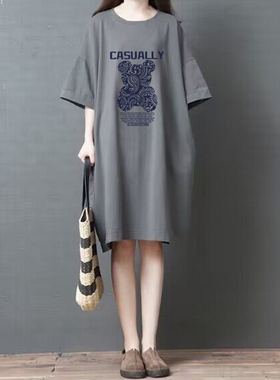 外贸出口清仓1000%纯棉时尚T恤连衣裙女宽松短袖遮肚子中长款上衣