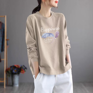 外贸出口品牌清仓100%纯棉秋气质长袖t恤女宽松显瘦内搭休闲上衣