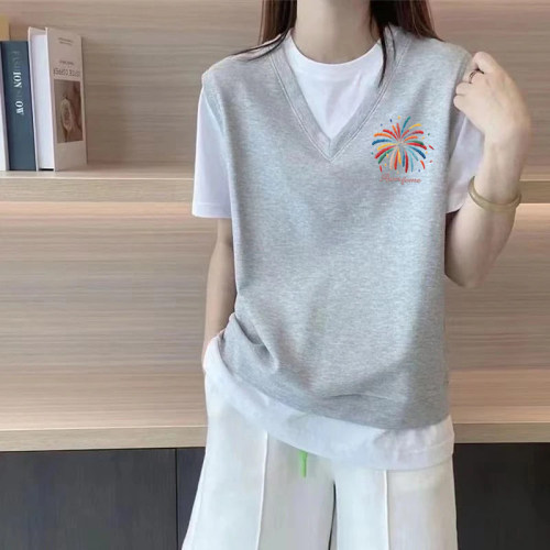 100%纯棉假两件女短袖上衣