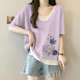 外贸出口清仓100%纯棉短袖 t恤女拼接宽松显瘦高级感气质休闲上衣