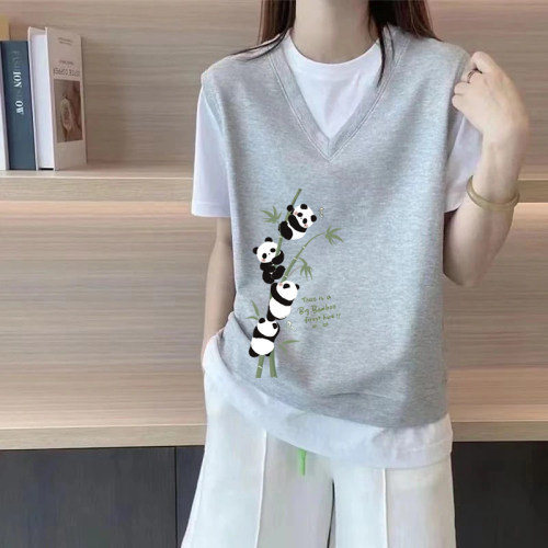 100%纯棉假两件短袖t恤女夏