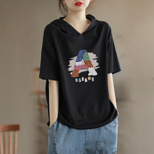 外贸出口清仓100%纯棉连帽短袖 宽松休闲上衣 t恤女气质2026新款
