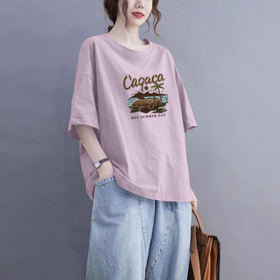 100%纯棉气质卡通印花短袖T恤女