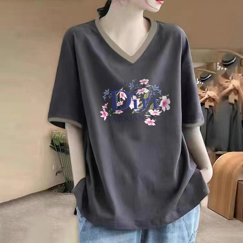 100%纯棉V领短袖t恤女