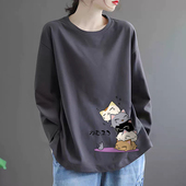 外贸出口清仓100%纯棉长袖 t恤女2025春季 休闲气质体恤宽松上衣潮