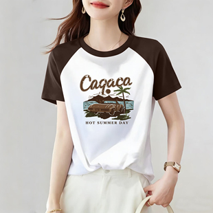 正肩拼接圆领休闲气质上衣 女夏季 外贸出口清仓100%纯棉短袖 T恤衫