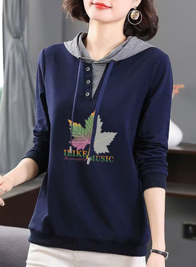 外贸品牌出口100%纯棉长袖连帽气质t恤女秋冬宽松休闲打底衫上衣