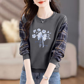 外贸女装 减龄拼色格子上衣 打底衫 品牌折扣纯棉长袖 卫衣女气质秋装