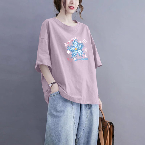 100%纯棉夏季圆领短袖上衣女