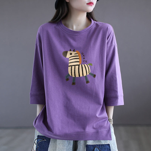 休闲上衣潮 时尚 外贸出口100%纯棉七分袖 T恤女夏宽松遮肚气质半袖