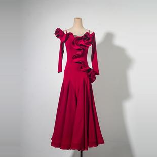 摩登舞练功服女春夏新款交谊舞荷叶花边领修身长袖鱼骨大摆连衣裙