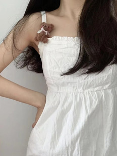 Brandy Girl美式复古白色纯棉条纹花边连衣裙bm甜美可爱吊带裙女
