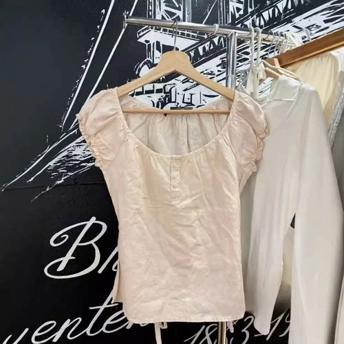 美式复古泡泡袖纽扣系带收腰衬衫