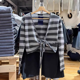 Brandy 女bm宽松显瘦毛衣外套 Girl慵懒风灰色条纹V领系带针织开衫