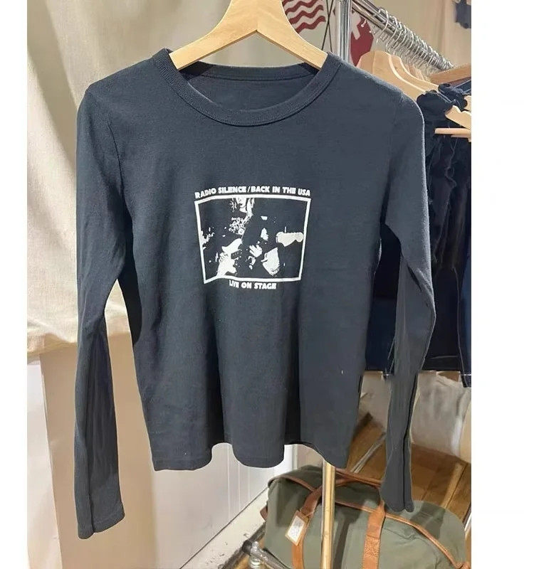 Brandy Girl美式复古弹吉他字母图案印花长袖T恤bm修身打底上衣女