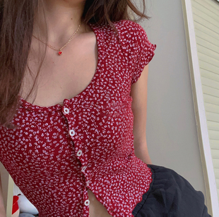 Brandy Girl赵露思同款碎花上衣 bm风木耳边高腰短袖开衫t恤女