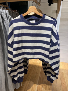 卫衣女bm 复古学院风宽松条纹圆领卷边短款 Brandy Girl官网美式