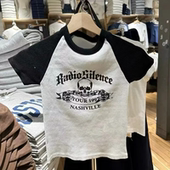 Brandy T恤bm辣妹上衣女 短袖 Girl美式 复古骷髅字母印花螺纹插肩袖