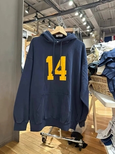 Brandy 复古藏蓝色14印花连帽套头卫衣bm宽松慵懒风上衣 Girl美式