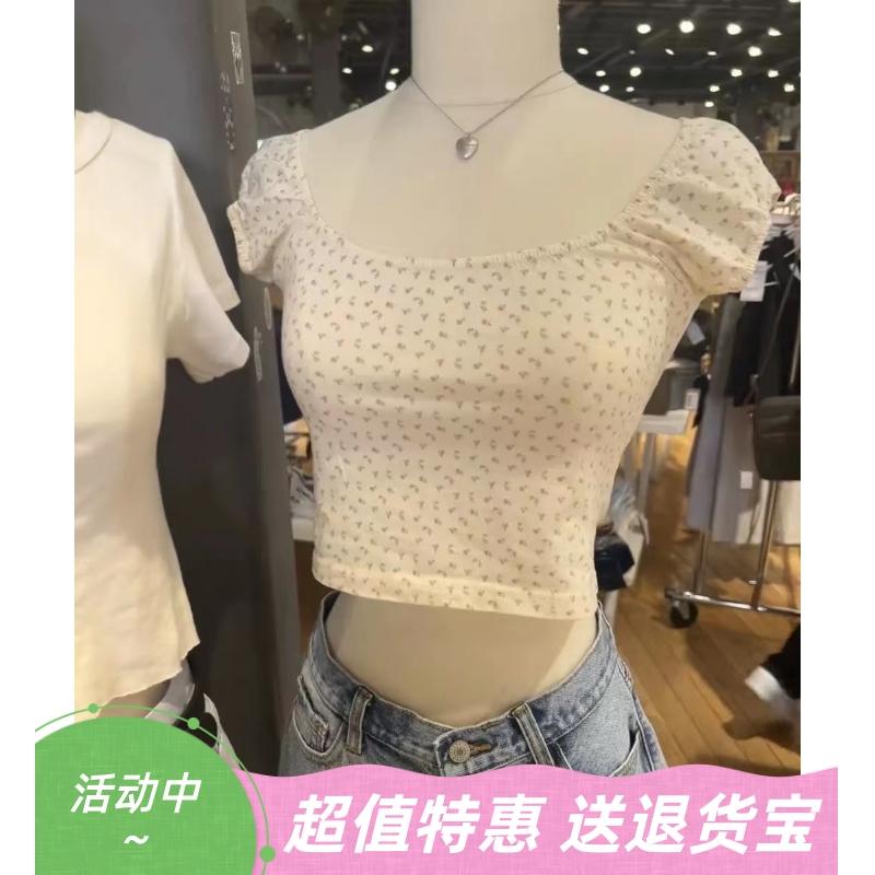 美式复古碎花一字肩纯棉短袖t恤