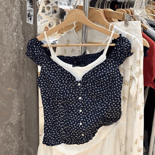 Brandy Girl美式复古碎花V领泡泡袖短袖衬衫bm风修身显瘦上衣女