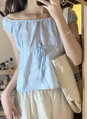 Brandy Girl美式复古浅蓝色亚麻系带收腰花边领衬衫bm显瘦上衣女