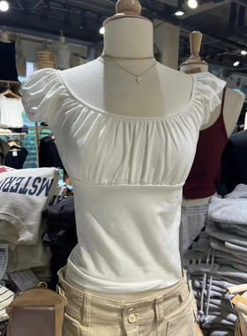 Brandy Girl美式复古纯棉白色褶皱短袖T恤bm风甜美修身圆领上衣女