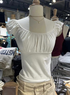 Brandy Girl美式复古纯棉白色褶皱短袖T恤bm风甜美修身圆领上衣女