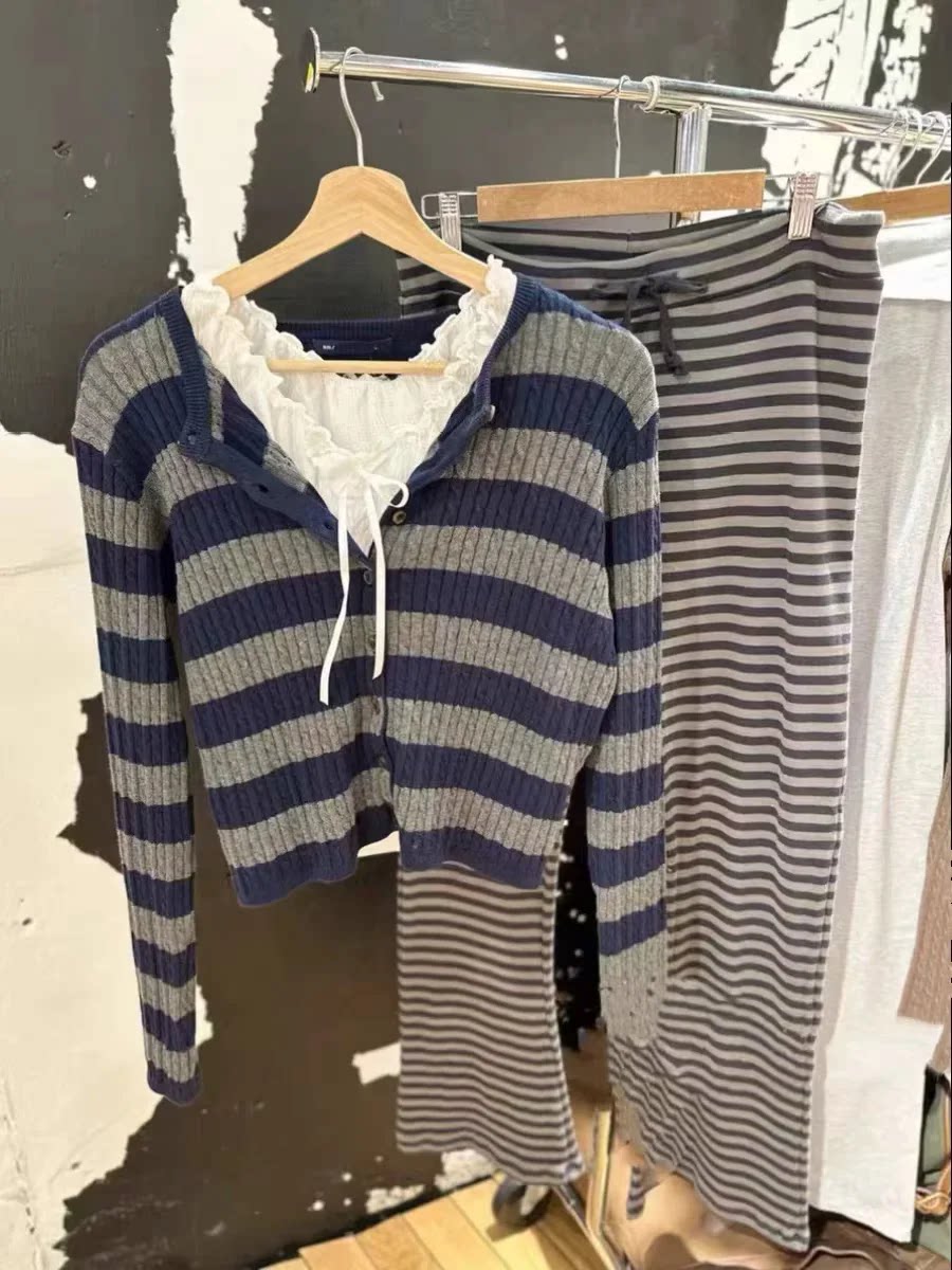 Brandy Girl美式复古圆领条纹麻花单排扣针织衫bm简约百搭上衣女